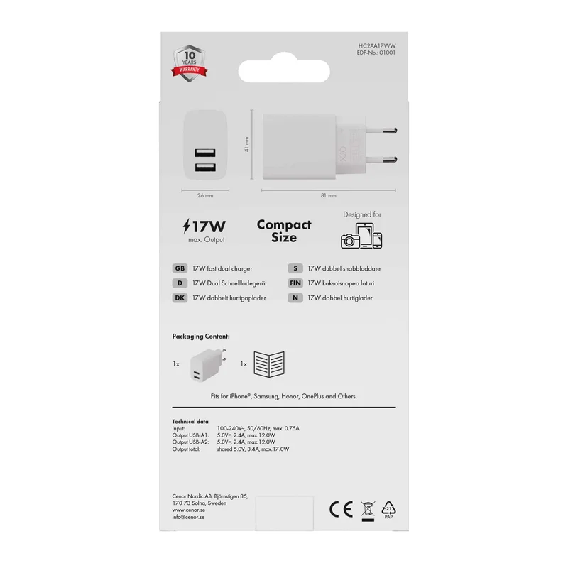 X2O 17W dobbelt hjemmelader USB-A/A hvid - 3401001