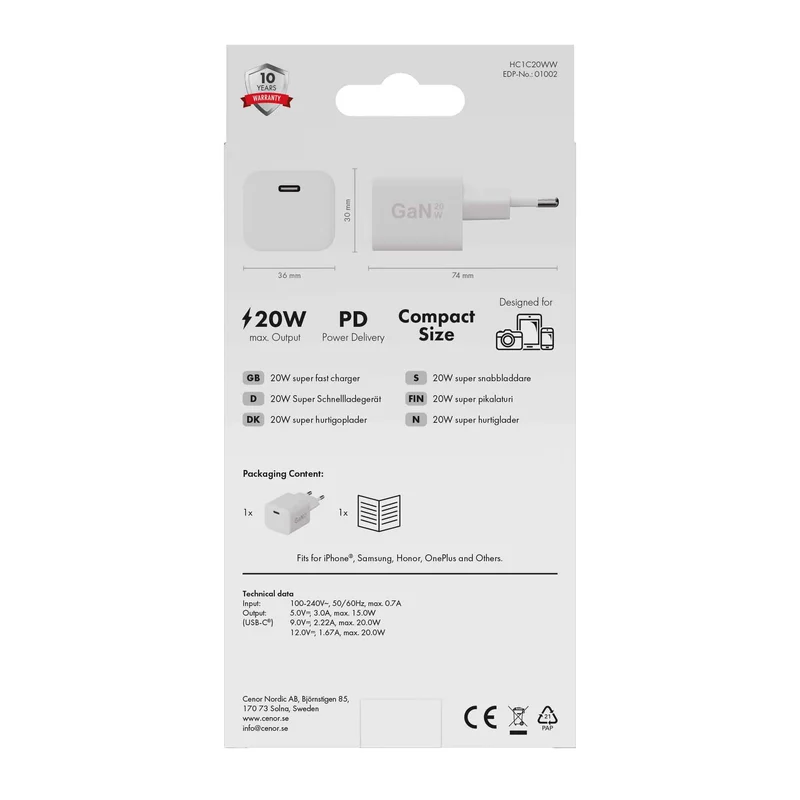 X2O 20W hjemmelader USB-C GaN hvid - 3401002