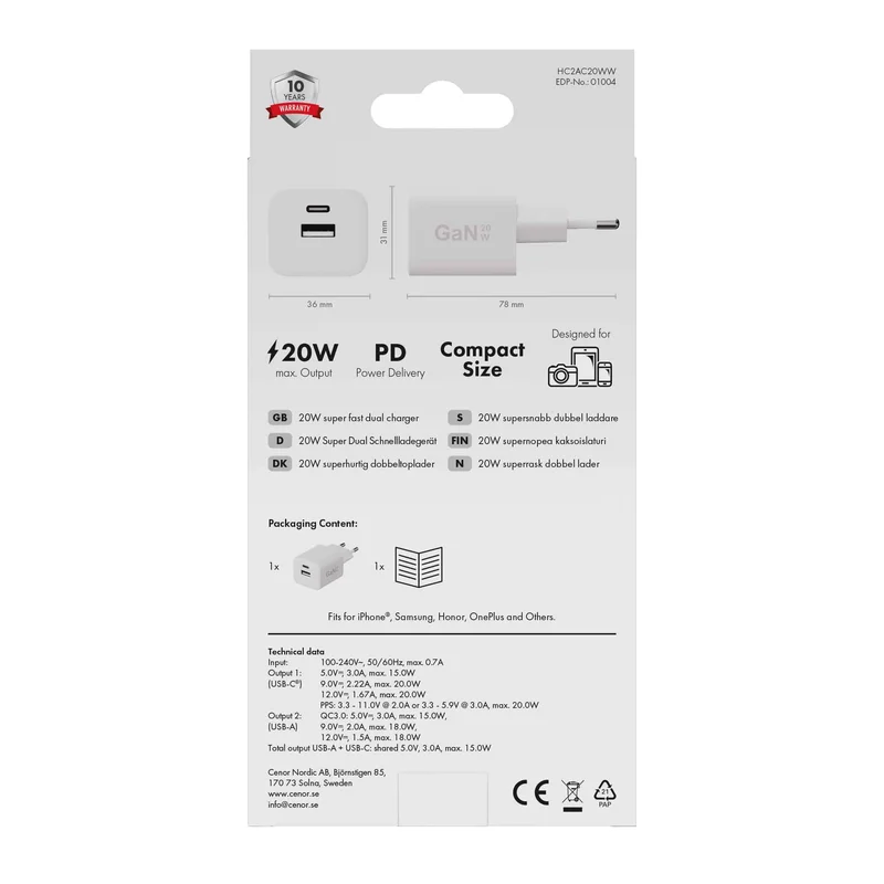 X2O 20W dobbelt hjemmelader USB-C/A GaN hvid - 3401004