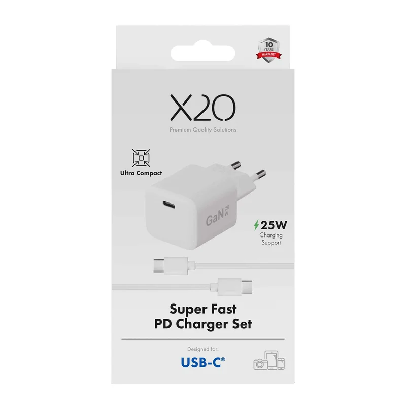 X2O 25W hjemmeladersæt USB-C med 1,2 m kabel GaN hvid - 3401006