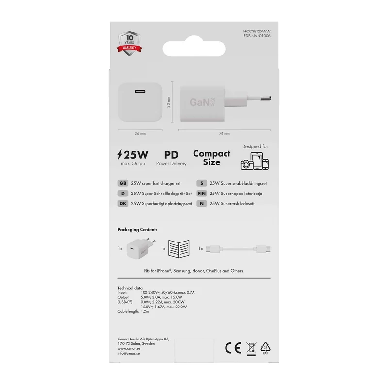 X2O 25W hjemmeladersæt USB-C med 1,2 m kabel GaN hvid - 3401006