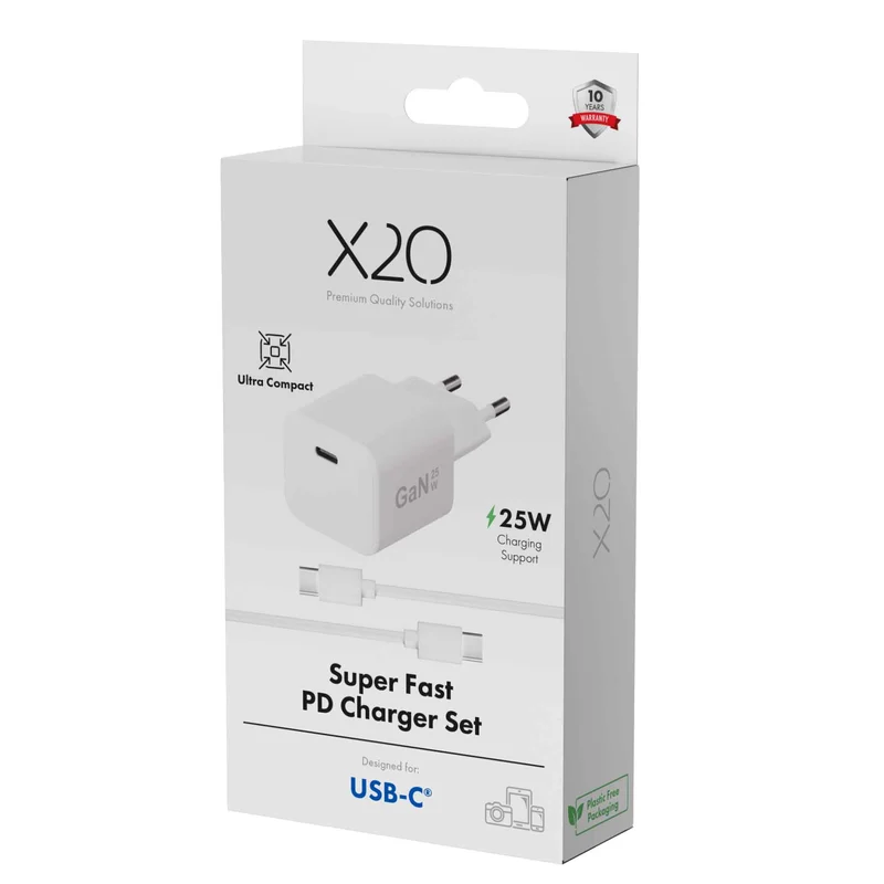 X2O 25W hjemmeladersæt USB-C med 1,2 m kabel GaN hvid - 3401006