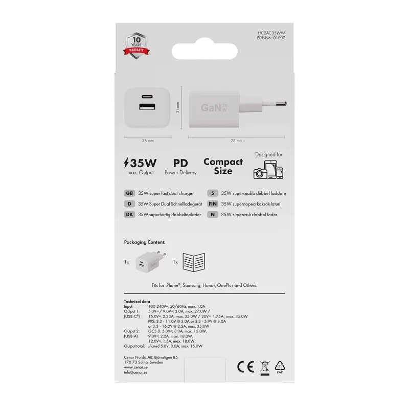 X2O 35W dobbelt hjemmelader USB-C/A GaN hvid - 3401007