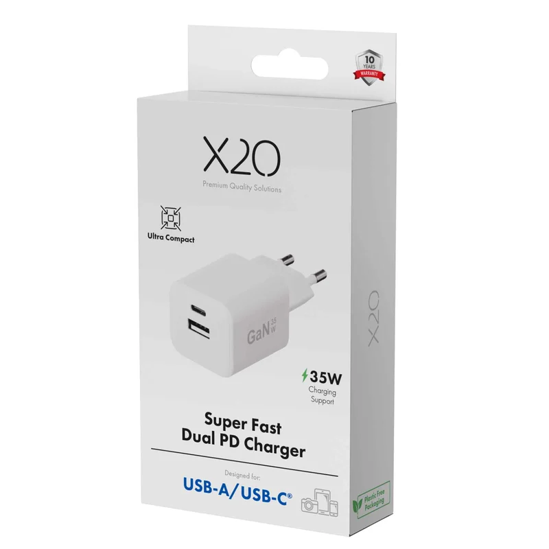 X2O 35W dobbelt hjemmelader USB-C/A GaN hvid - 3401007