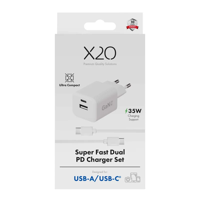 X2O 35W dobbelt hjemmeladersæt USB-C/A med 1,2 m kabel GaN hvid - 3401008