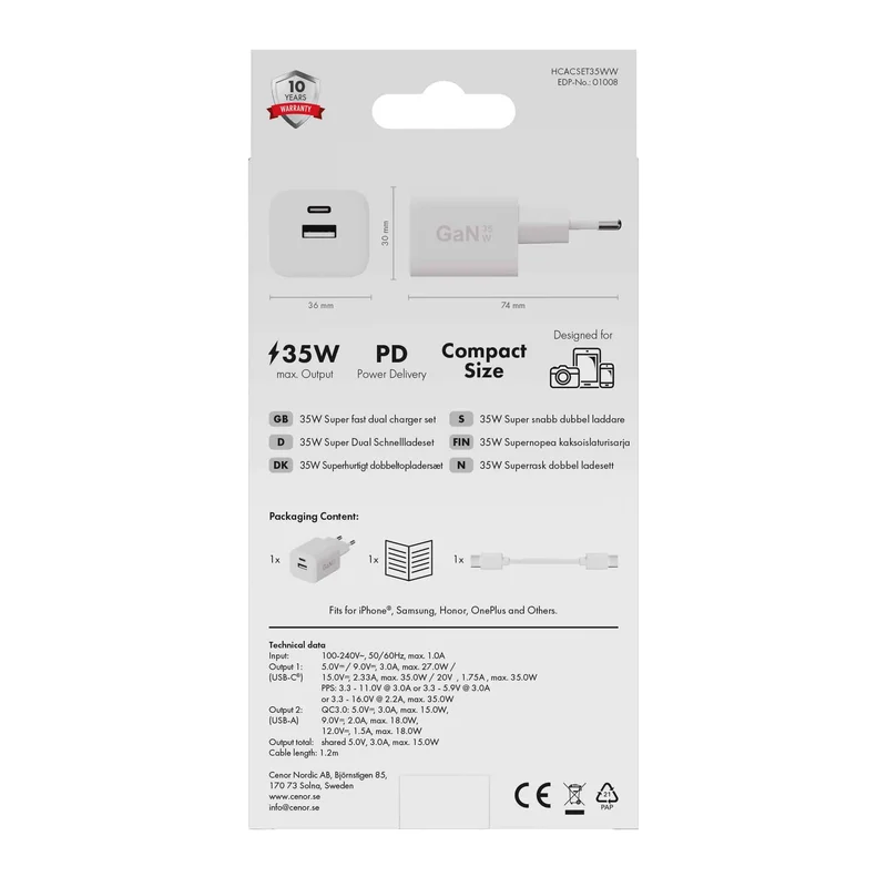 X2O 35W dobbelt hjemmeladersæt USB-C/A med 1,2 m kabel GaN hvid - 3401008