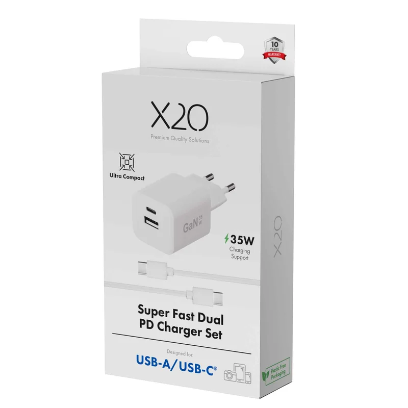 X2O 35W dobbelt hjemmeladersæt USB-C/A med 1,2 m kabel GaN hvid - 3401008