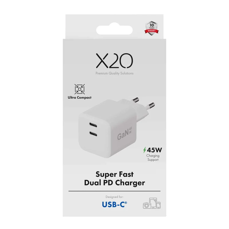 X2O 45W dobbelt hjemmelader USB-C/C GaN hvid - 3401009