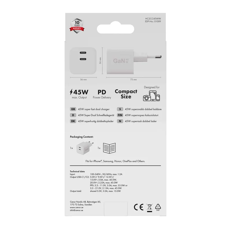 X2O 45W dobbelt hjemmelader USB-C/C GaN hvid - 3401009