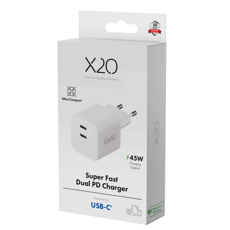 X2O 45W dobbelt hjemmelader USB-C/C GaN hvid - 3401009