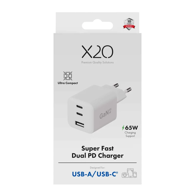 X2O 65W tredobbelt hjemmelader USB-C/C/A GaN hvid - 3401010