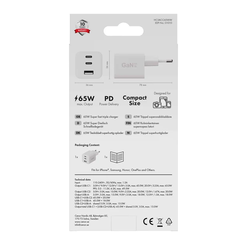 X2O 65W tredobbelt hjemmelader USB-C/C/A GaN hvid - 3401010