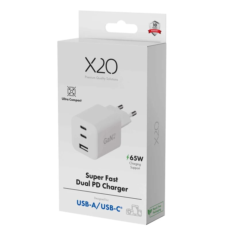 X2O 65W tredobbelt hjemmelader USB-C/C/A GaN hvid - 3401010
