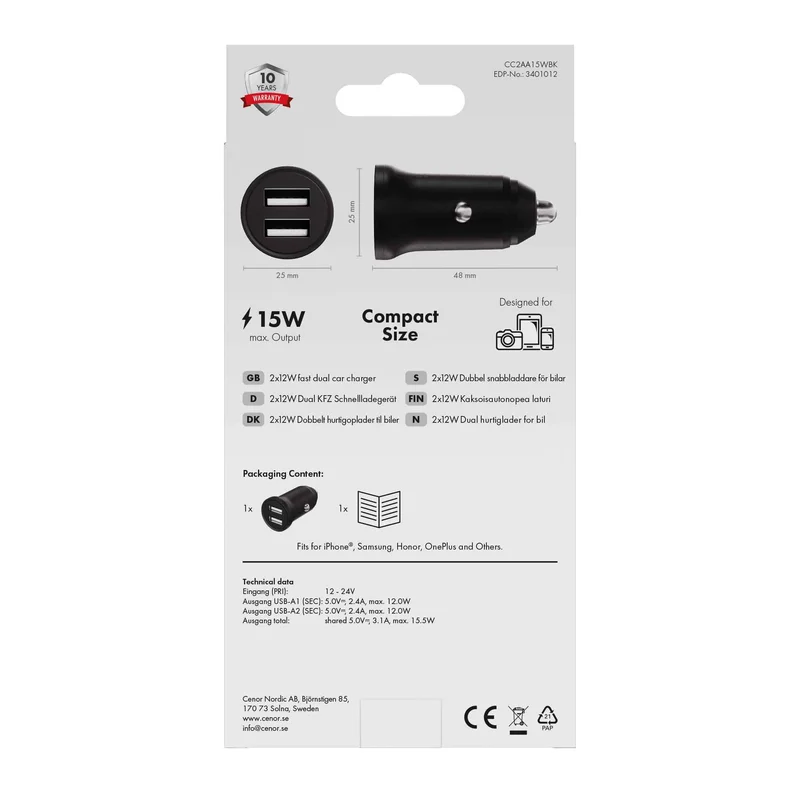 X2O 2x12W dobbelt billader USB-A/A sort - 3401012