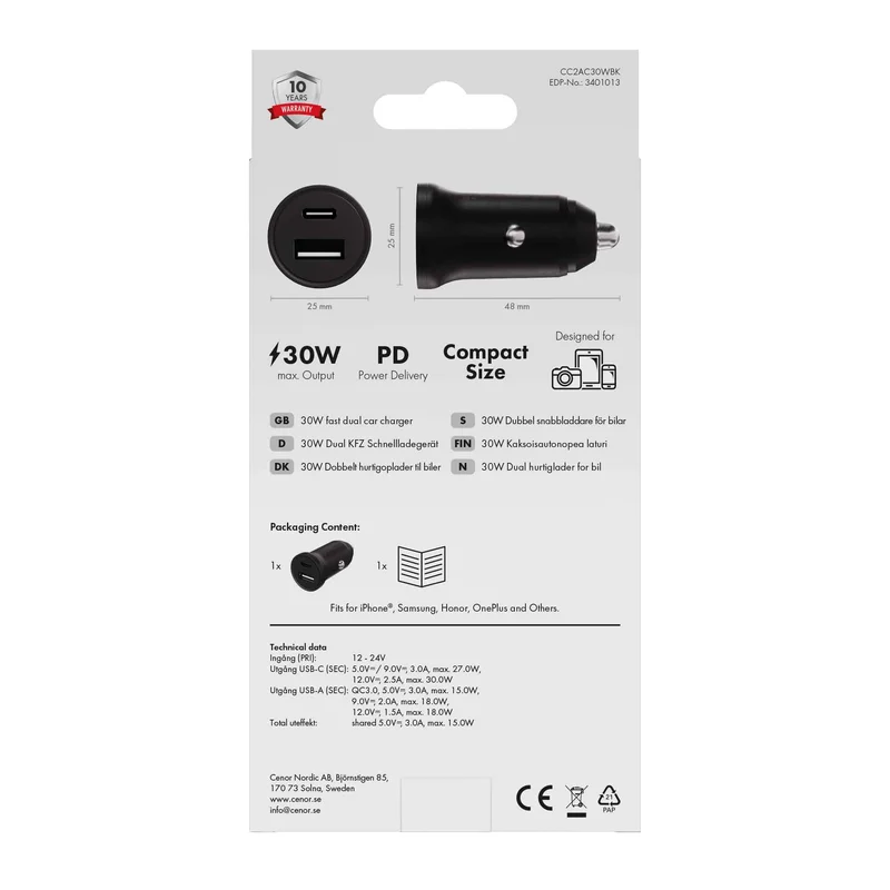 X2O 30W dobbelt billader USB-C/A sort - 3401013