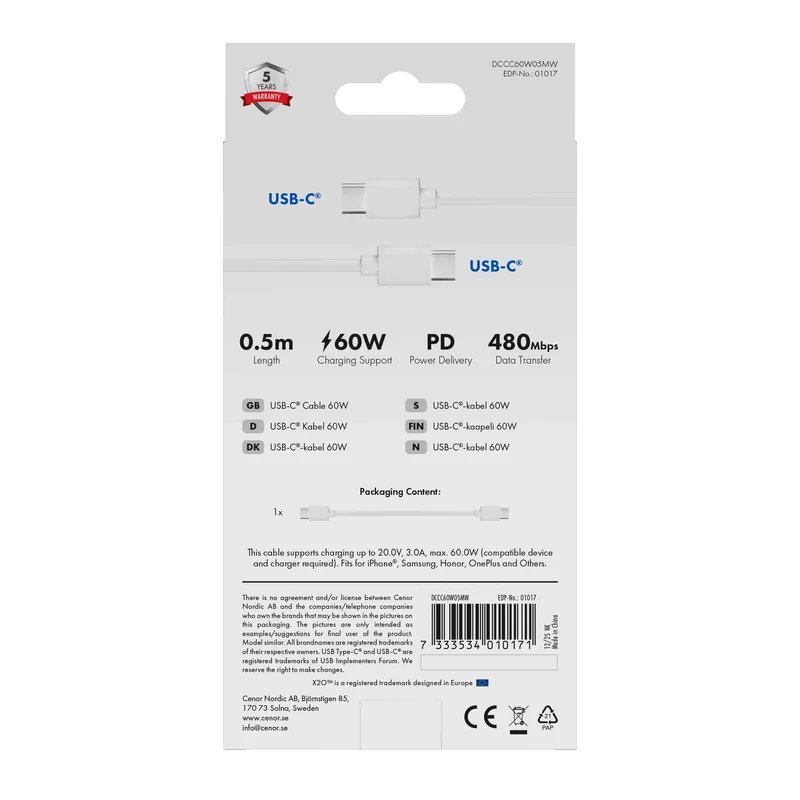 X2O Basic 60W USB-C/C-kabel 0,5 m hvid - 3401017