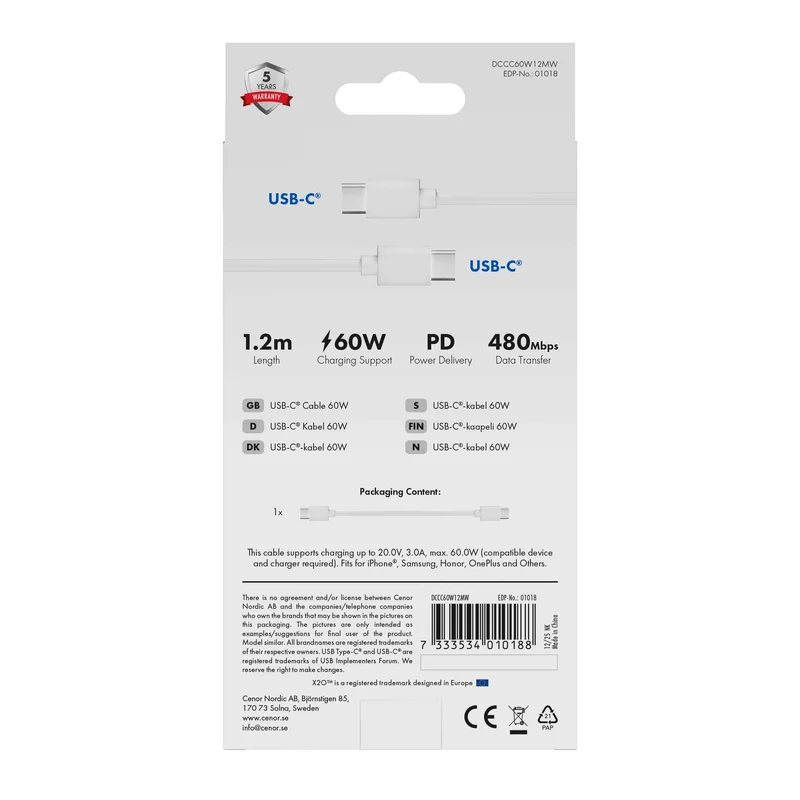 X2O Basic 60W USB-C/C-kabel 1,2 m hvid - 3401018