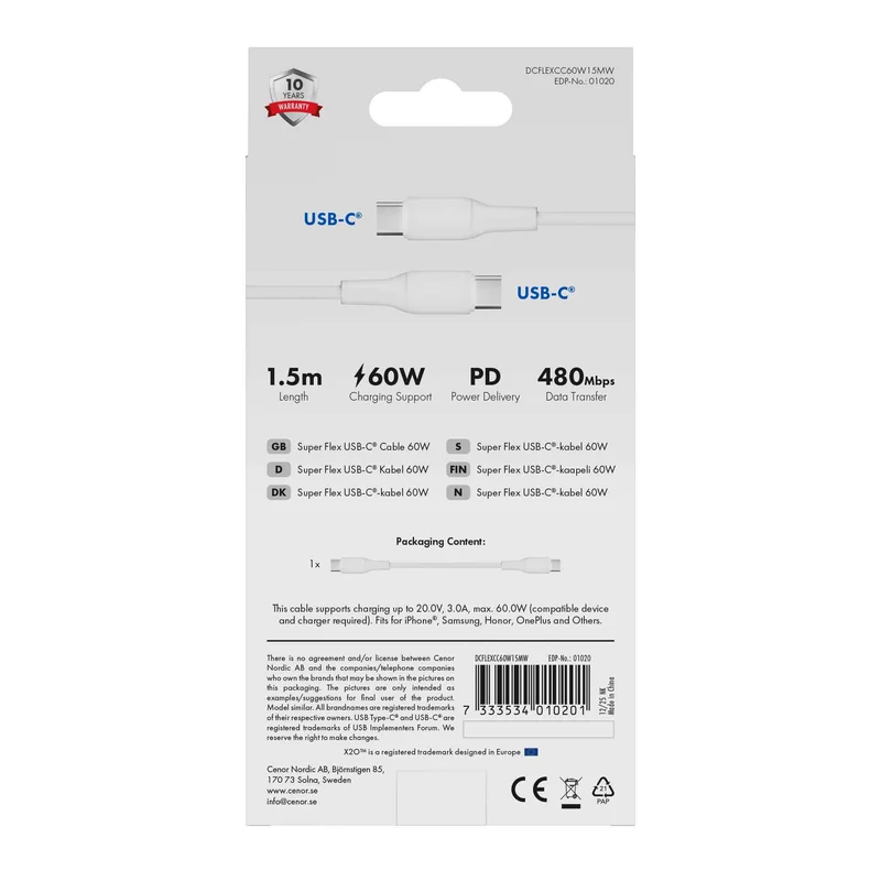 X2O SUPERFLEX 60W USB-C/C-kabel 1,5 m hvid - 3401020