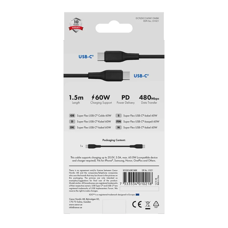 X2O SUPERFLEX 60W USB-C/C-kabel 1,5 m sort - 3401021