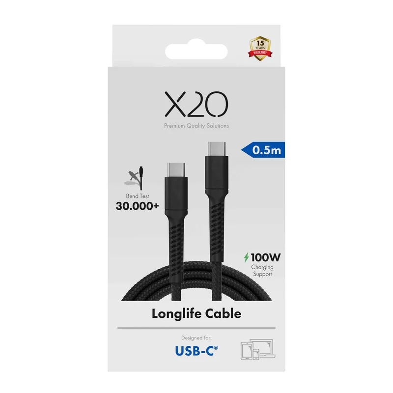 X2O Longlife 100 W USB-C/C-kabel 0,5 m sort - 3401025