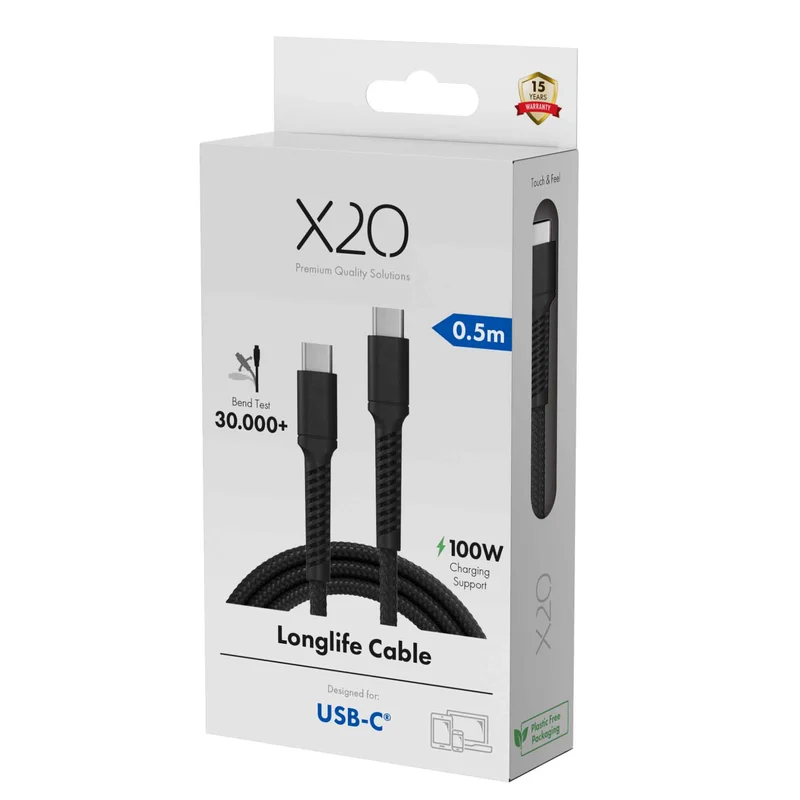 X2O Longlife 100 W USB-C/C-kabel 0,5 m sort - 3401025