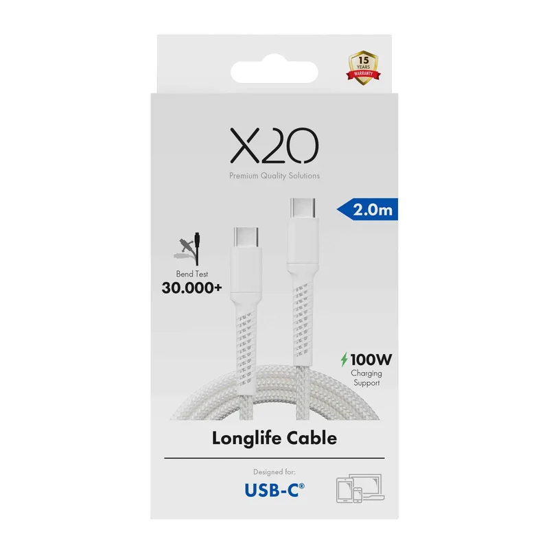 X2O Longlife 100W USB-C/C-kabel 2 m hvid - 3401028