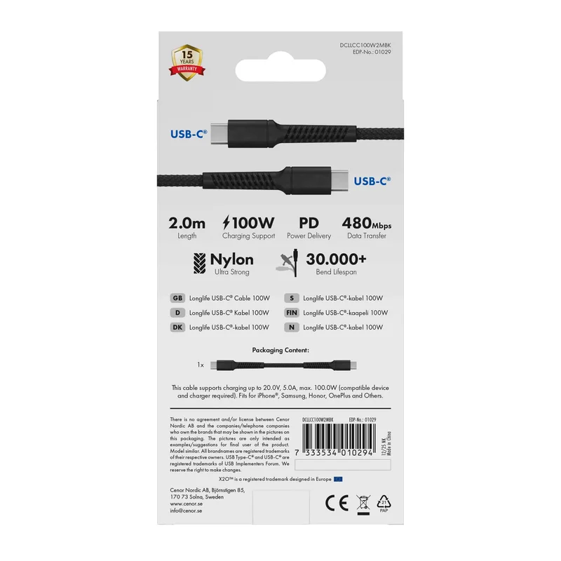 X2O Longlife 100W USB-C/C-kabel 2 m sort - 3401029