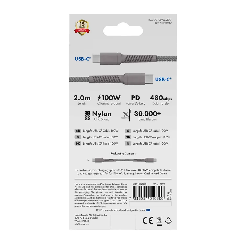 X2O Longlife 100W USB-C/C-kabel 2 m titangrå - 3401030