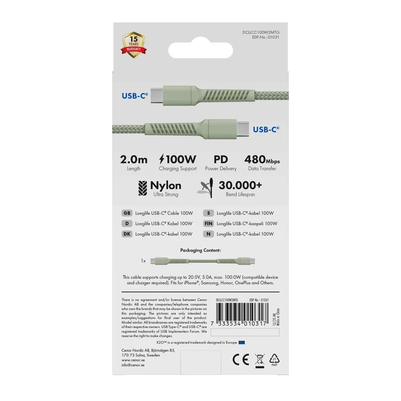X2O Longlife 100W USB-C/C-kabel 2 m salvie - 3401031