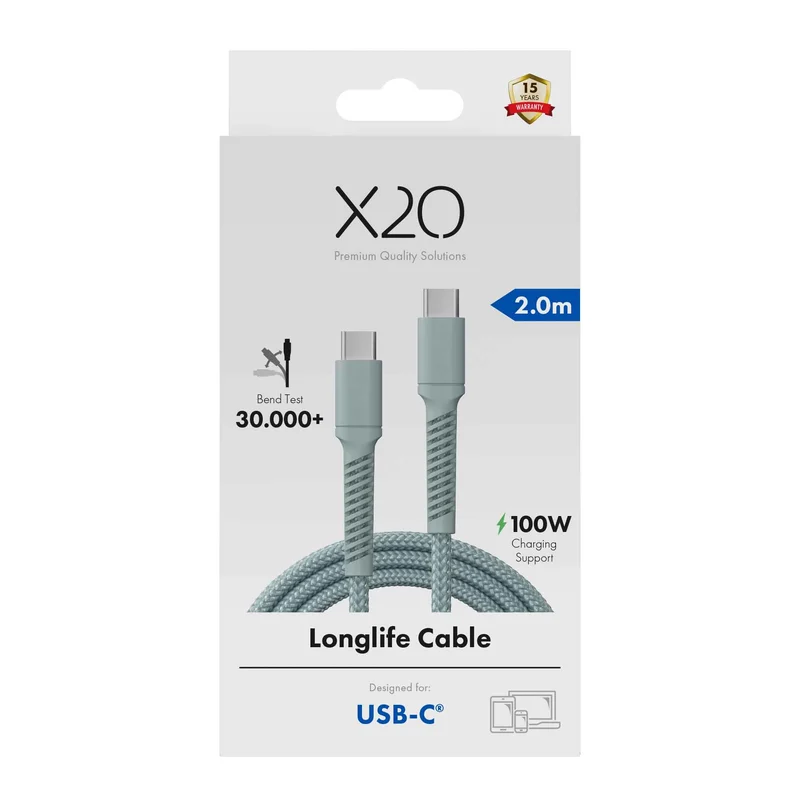 X2O Longlife 100W USB-C/C-kabel 2 m skyblå - 3401032