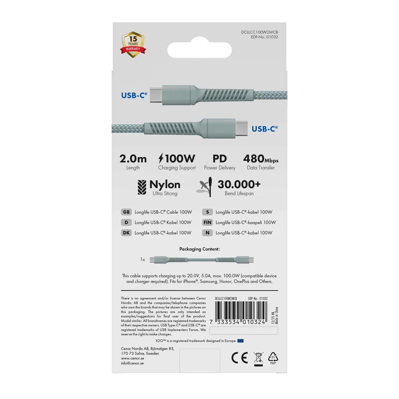 X2O Longlife 100W USB-C/C-kabel 2 m skyblå - 3401032