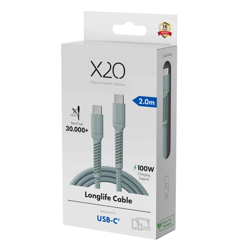 X2O Longlife 100W USB-C/C-kabel 2 m skyblå - 3401032