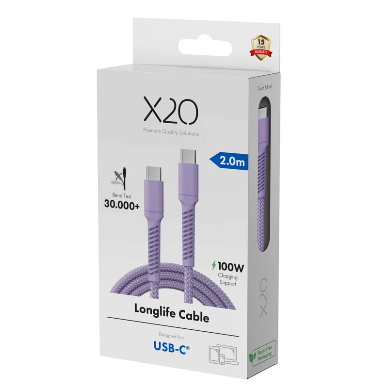 X2O Longlife 100W USB-C/C-kabel 2 m lavendel - 3401033