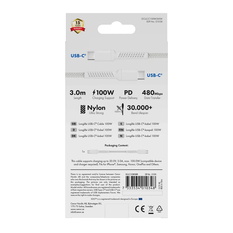 X2O Longlife 100W USB-C/C-kabel 3 m hvid - 3401034