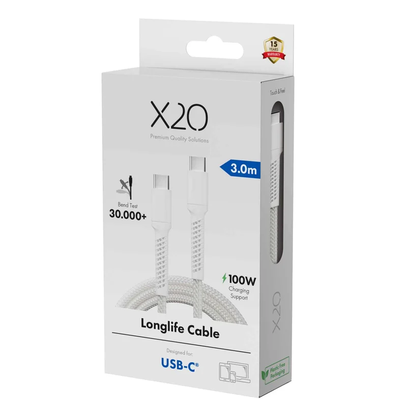 X2O Longlife 100W USB-C/C-kabel 3 m hvid - 3401034