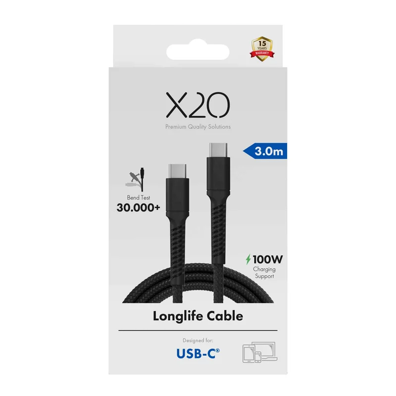 X2O Longlife 100W USB-C/C-kabel 3 m sort - 3401035