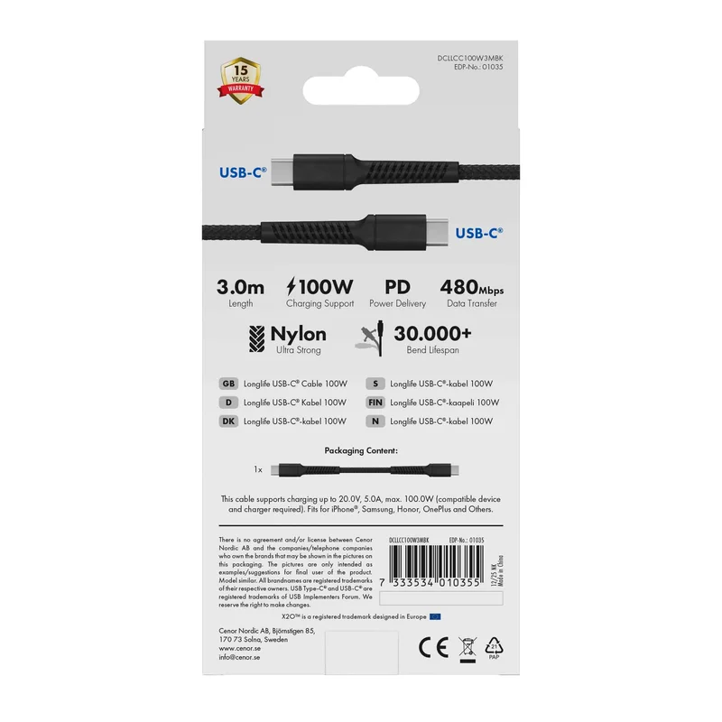 X2O Longlife 100W USB-C/C-kabel 3 m sort - 3401035