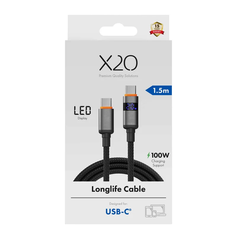 X2O Longlife LED-display 100W USB-C/C-kabel 1,5 m sort - 3401036