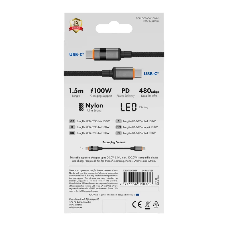 X2O Longlife LED-display 100W USB-C/C-kabel 1,5 m sort - 3401036