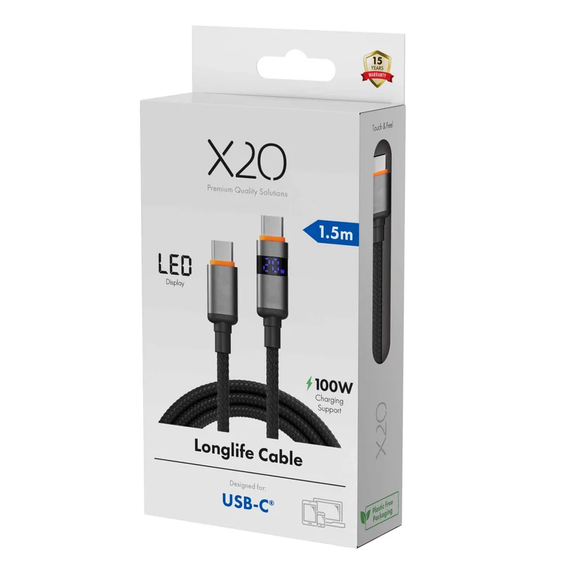 X2O Longlife LED-display 100W USB-C/C-kabel 1,5 m sort - 3401036
