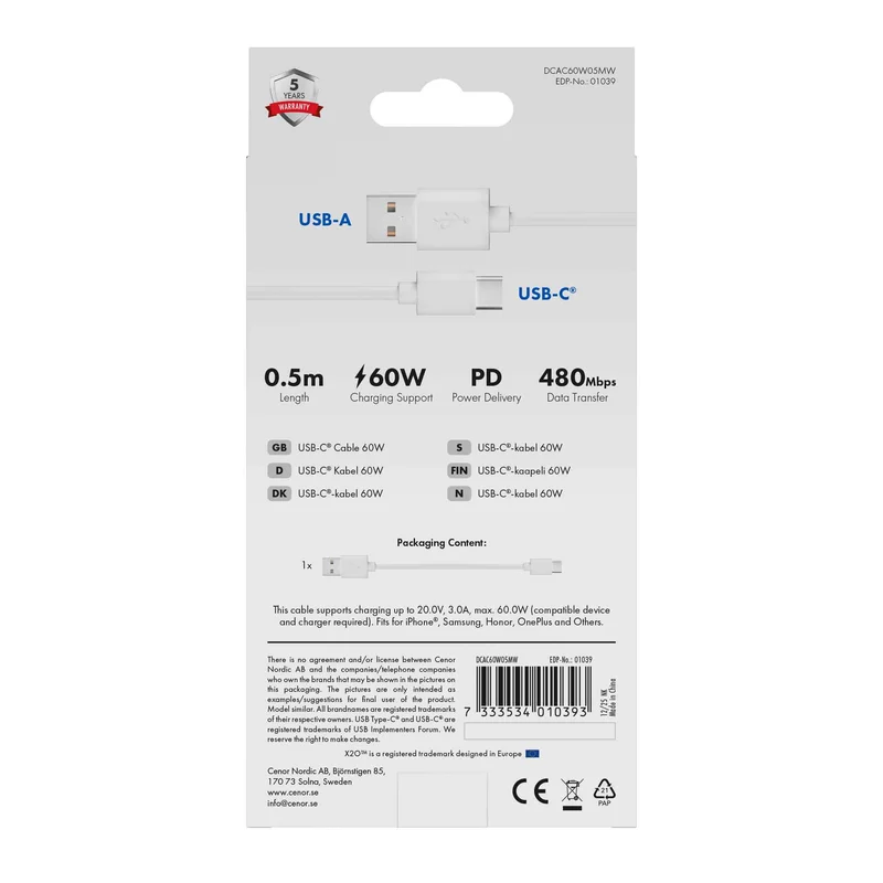 X2O Basic USB-A/C 60W-kabel 0,5 m hvid - 3401039