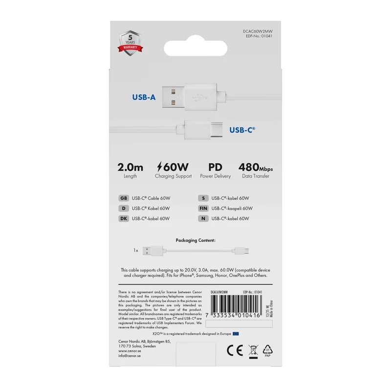 X2O Basic USB-A/C 60W-kabel 2 m hvid - 3401041