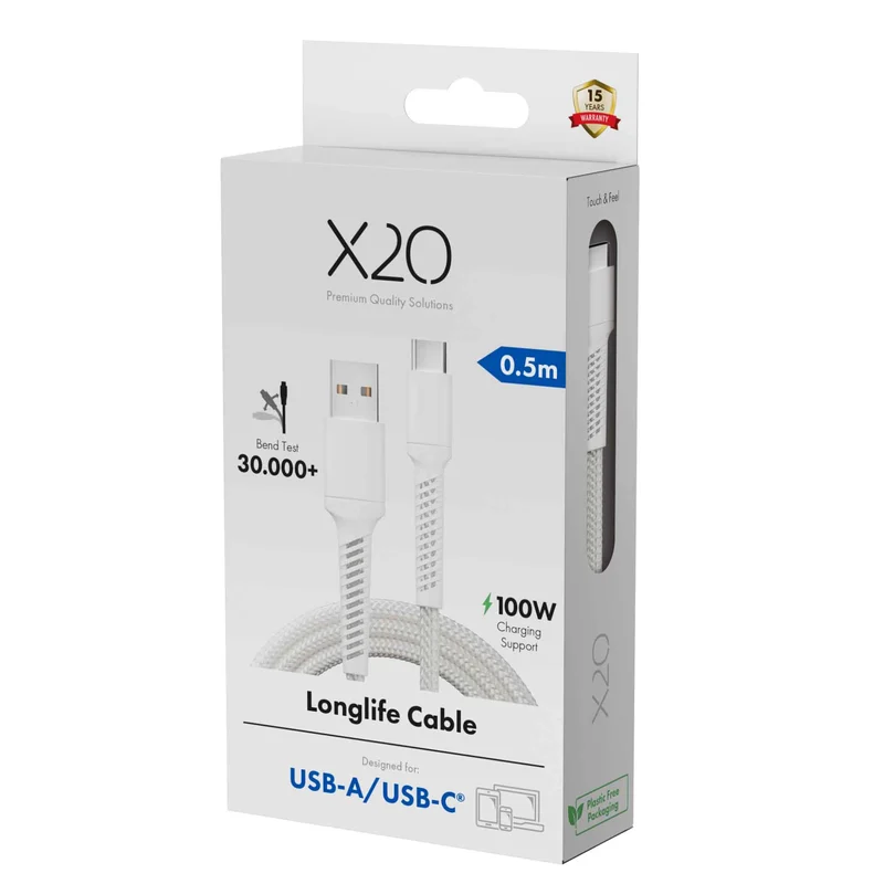 X2O Longlife 60W USB-A/C-kabel 0,5 m hvid - 3401042