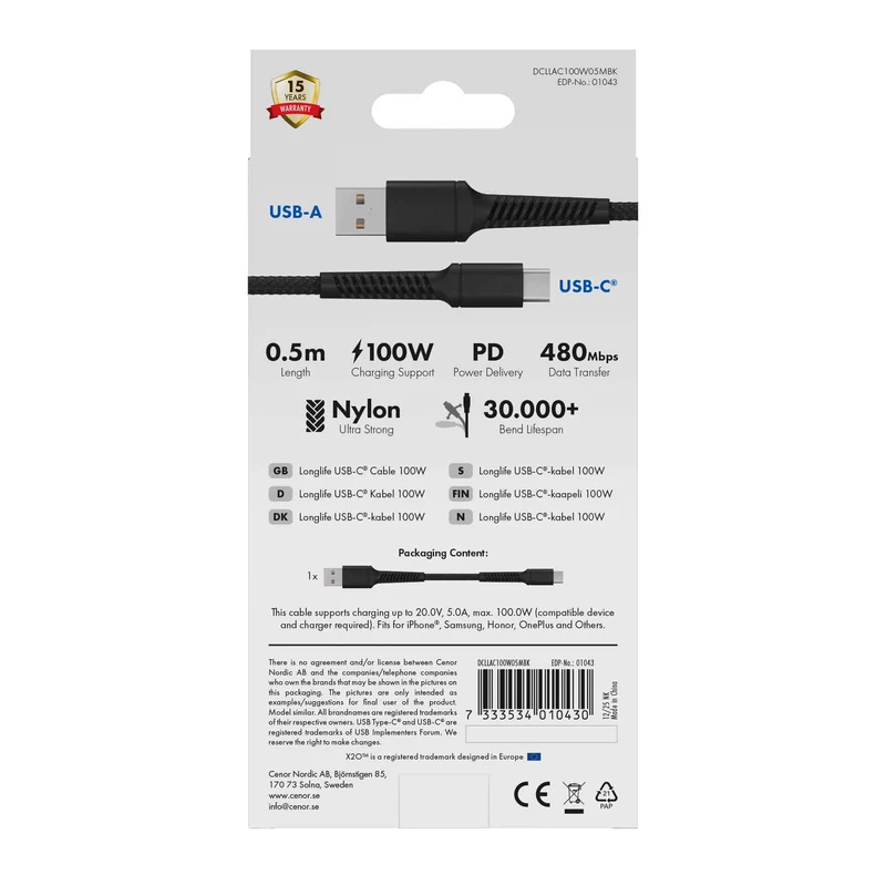 X2O Longlife 60W USB-A/C-kabel 0,5 m sort - 3401043