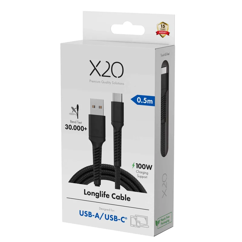 X2O Longlife 60W USB-A/C-kabel 0,5 m sort - 3401043