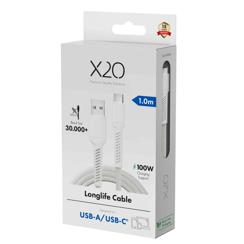 X2O Longlife 60W USB-A/C-kabel 1 m hvid - 3401044