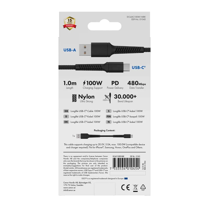 X2O Longlife 60W USB-A/C-kabel 1 m sort - 3401045