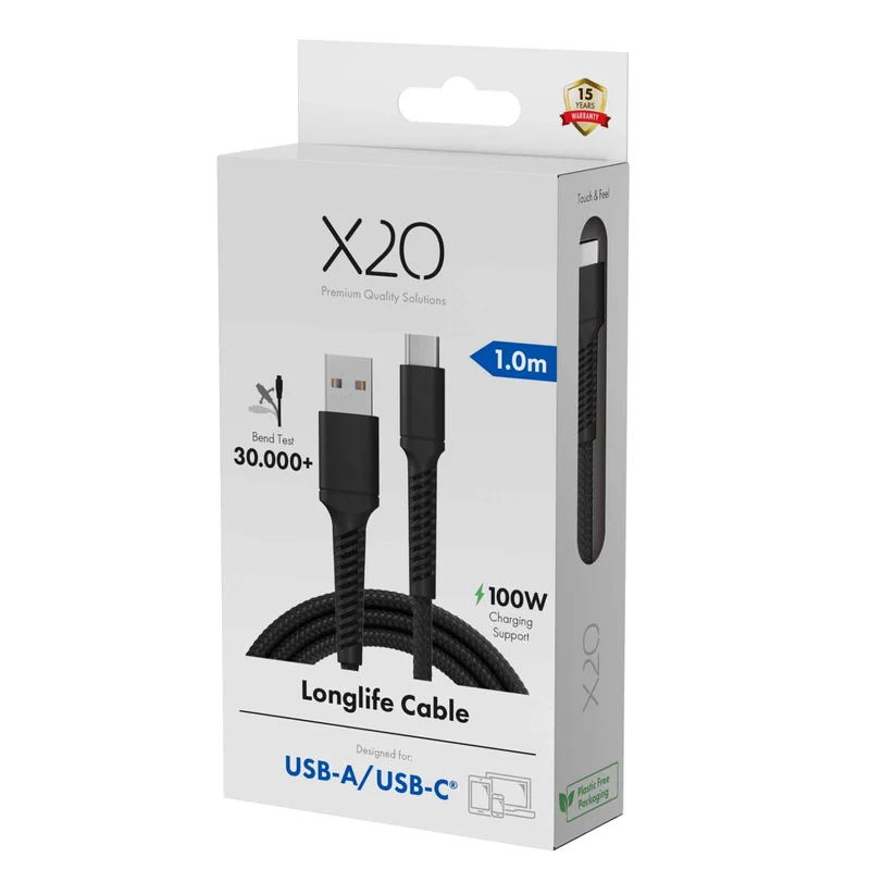X2O Longlife 60W USB-A/C-kabel 1 m sort - 3401045