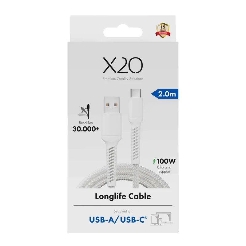 X2O Longlife 60W USB-A/C-kabel 2 m hvid - 3401046