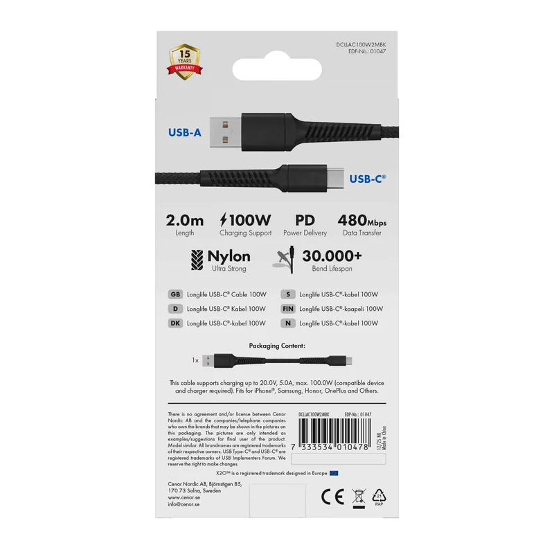 X2O Longlife 60W USB-A/C-kabel 2 m sort - 3401047